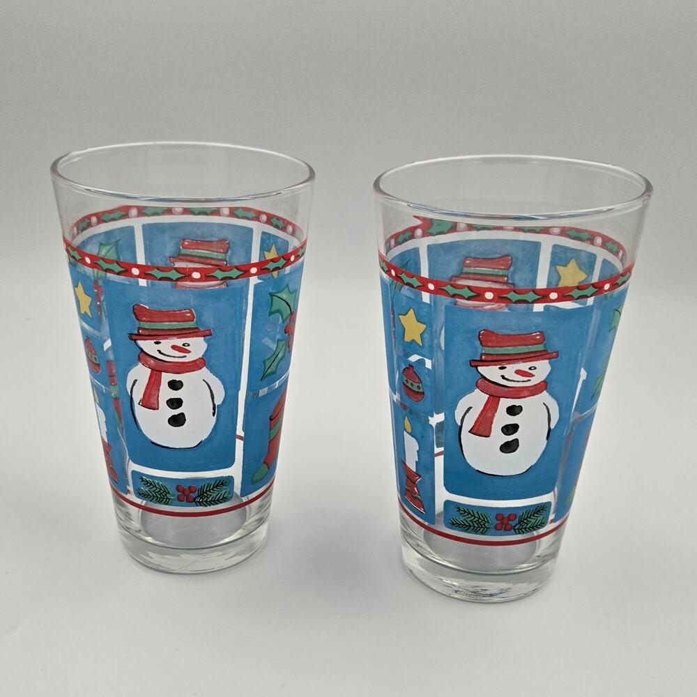 Two Libbey Holiday Stamp Snowman Holiday Tumblers